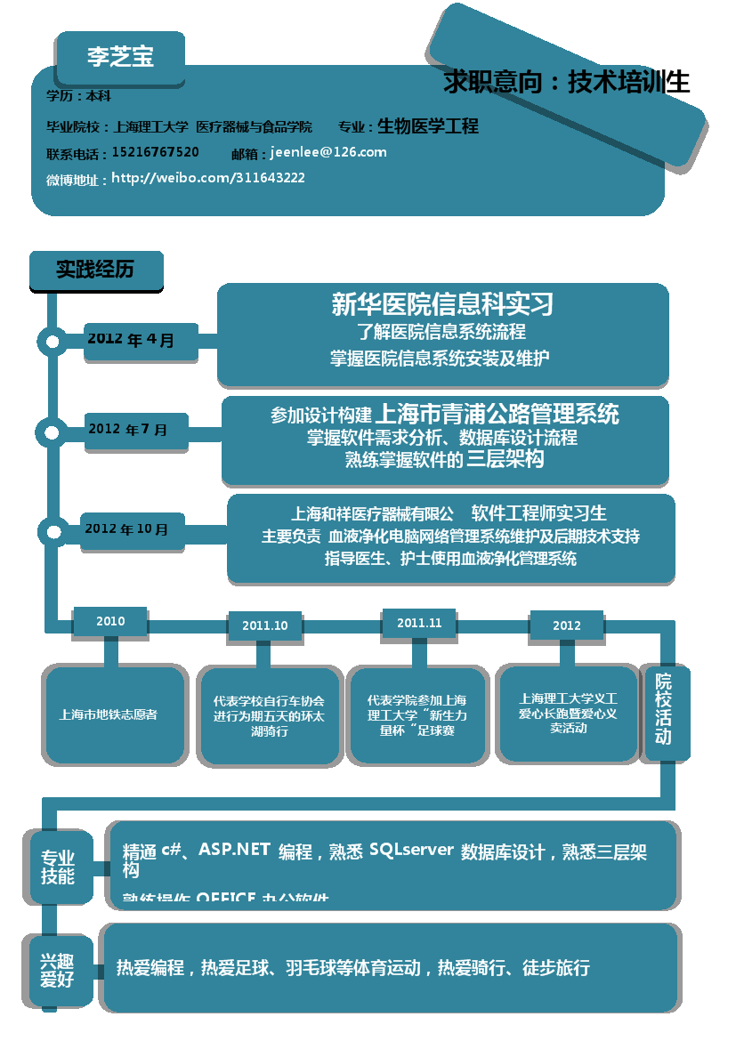 墨蓝色块技术培训单页式方框式简历模板免费下载