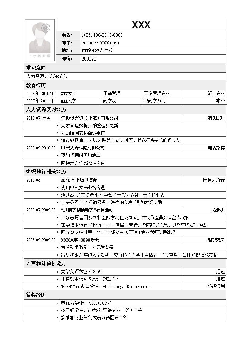 灰色方框人力资源单页式简历模板免费下载