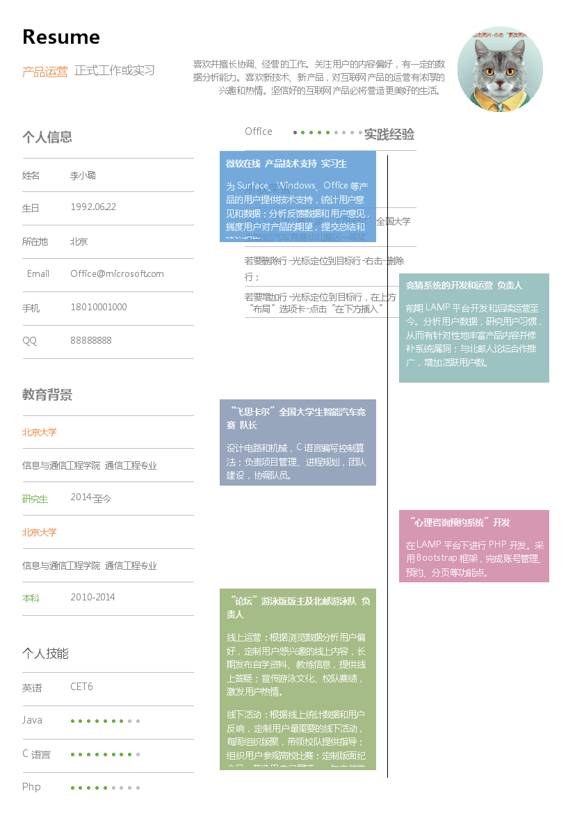 彩色时间轴应届生中文运营类个人简历模板免费下载