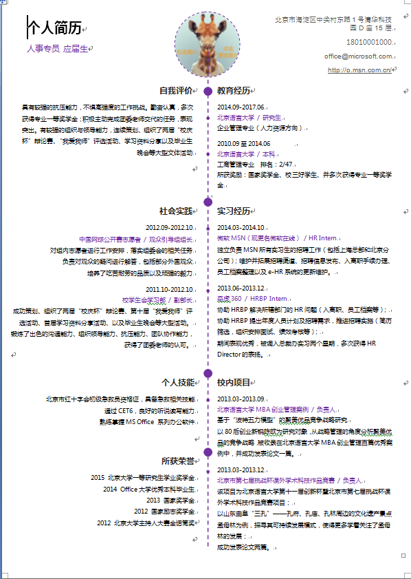 中轴对称简历人力资源类个人简历模板免费下载