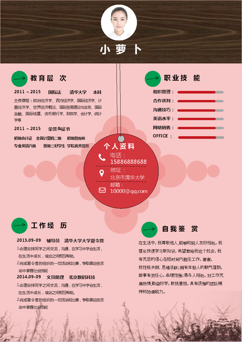 粉色底色单页式罗列式财务会计简历模板免费下载