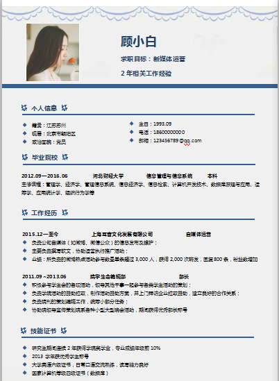 多页有封面自荐书简约花边蓝色新媒体运营个人简历模板免费下载