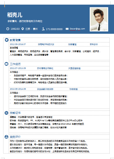 单页蓝色粗线条银行财务类个人简历模板免费下载