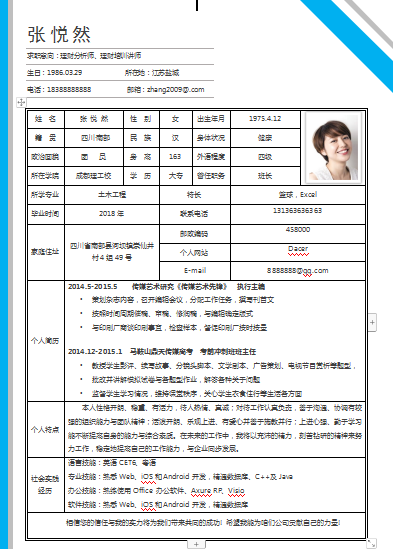 单页蓝色单一理财分析师类个人简历模板免费下载