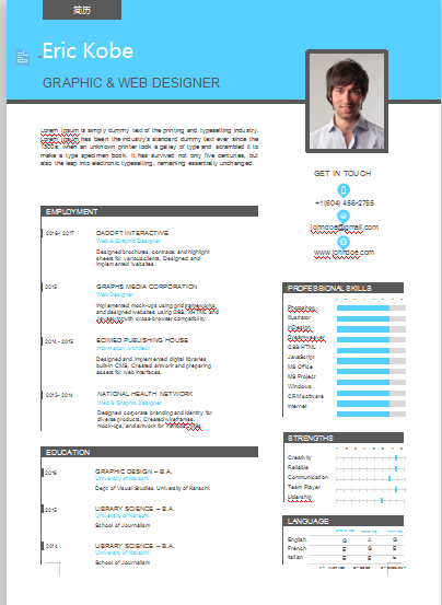 蓝色英文简约通用类简历模板免费下载
