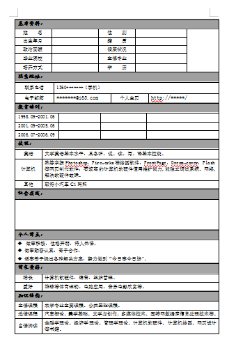 线框表格范文基础应届毕业生空白样式简历模板免费下载