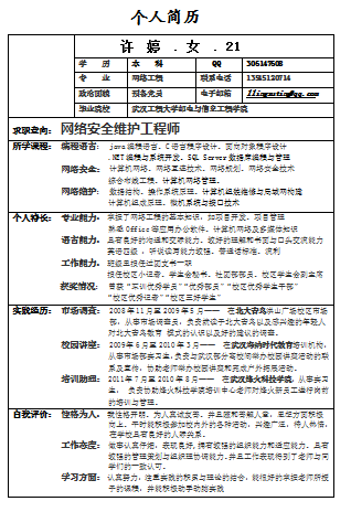 网络安全员填写表格应届毕业简历模板免费下载