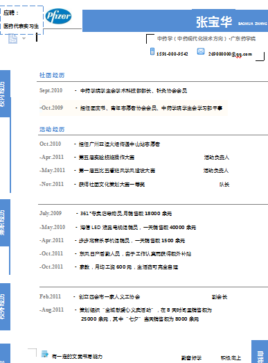 蓝色医药代表实习生简历空白简历模板免费下载