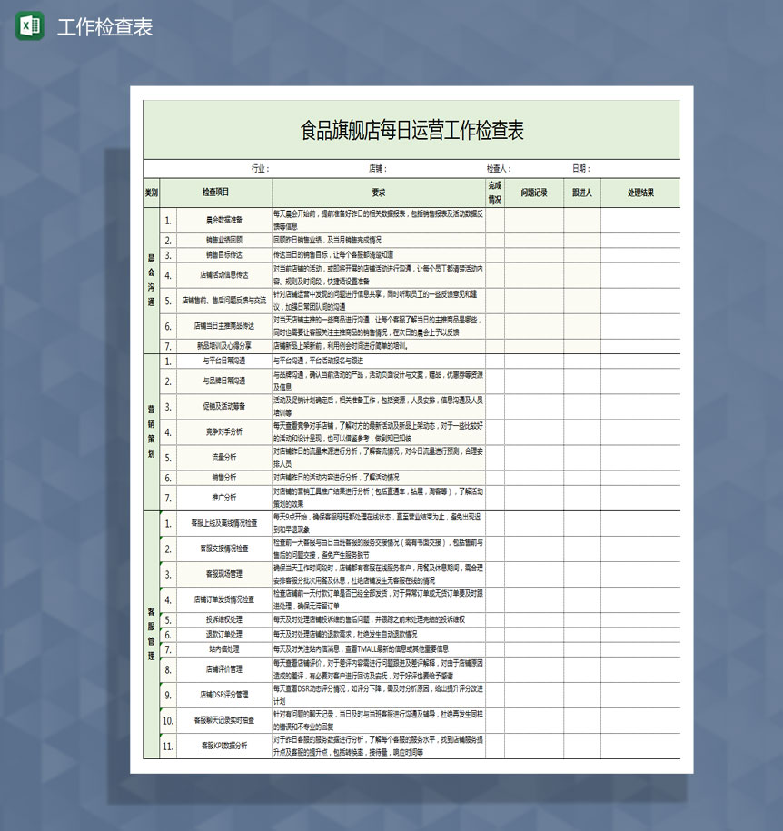 旗舰店每日运营工作检查表Excle表格样本模板免费下载