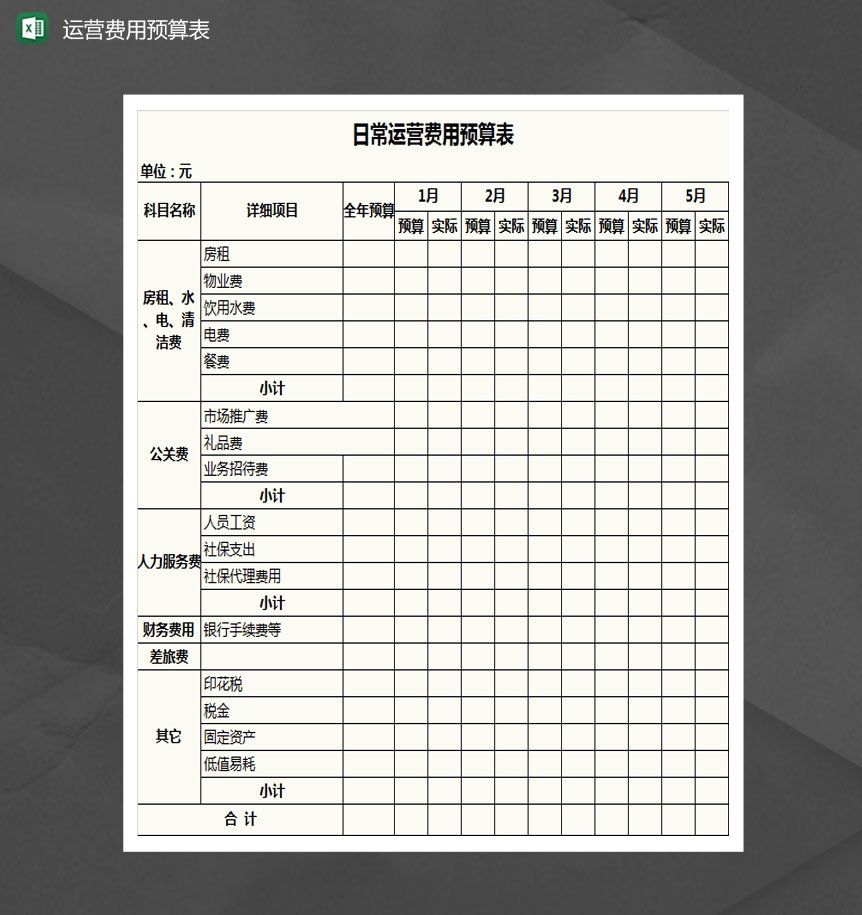 公司运营费用预算表Excle表格样本模板免费下载