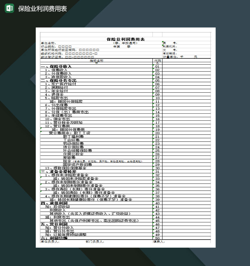 保险业利润费用表Excle表格样本模板免费下载