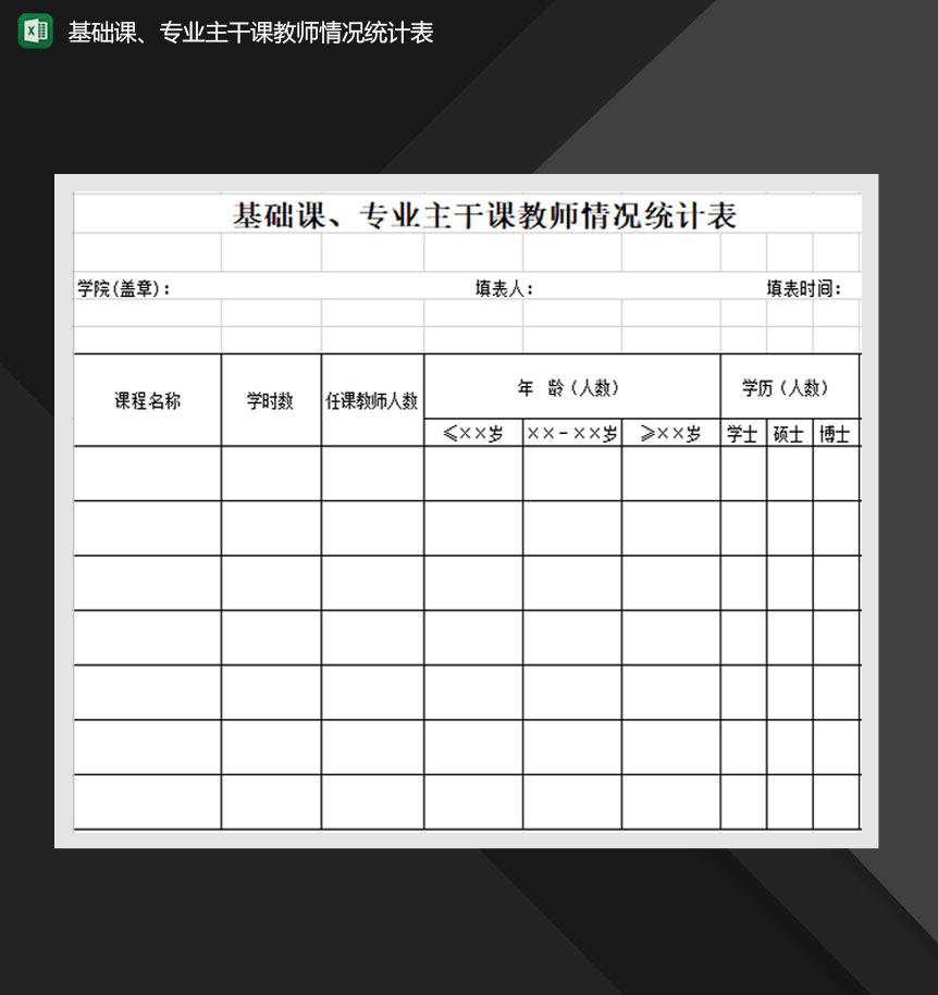 基础课专业主干课教师情况统计表Excle表格样本模板免费下载