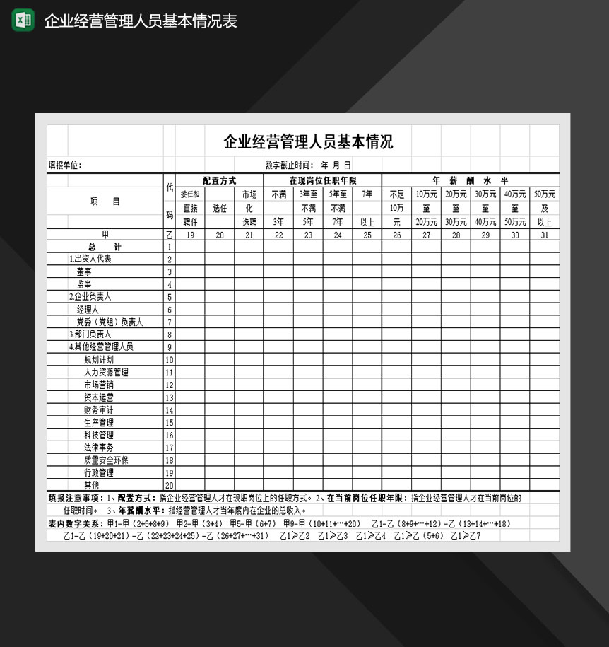 企业经营管理人员基本情况表Excle表格样本模板免费下载