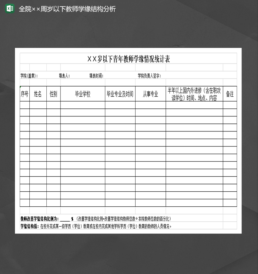 高校全院教师学员结构分析表Excle表格样本模板免费下载