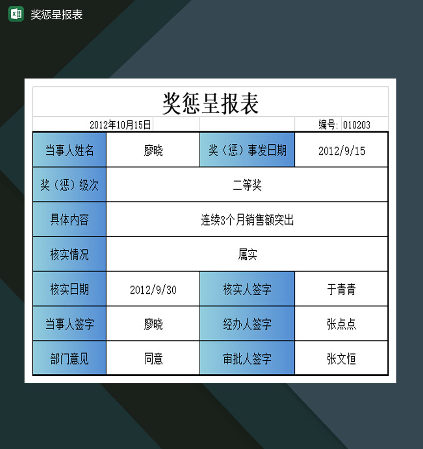 大型公司员工奖惩呈报表Excel模板Excle表格样本模板免费下载