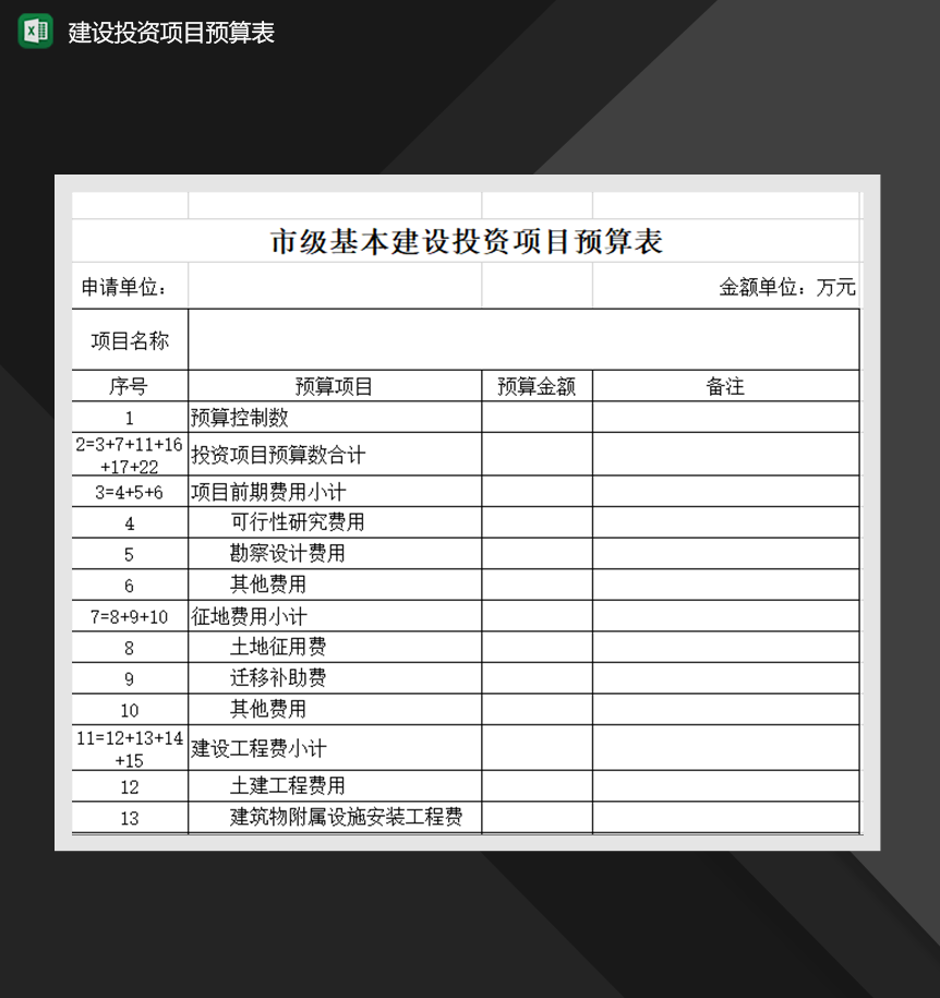 市级基本建设投资项目财务预算表Excle表格样本模板免费下载