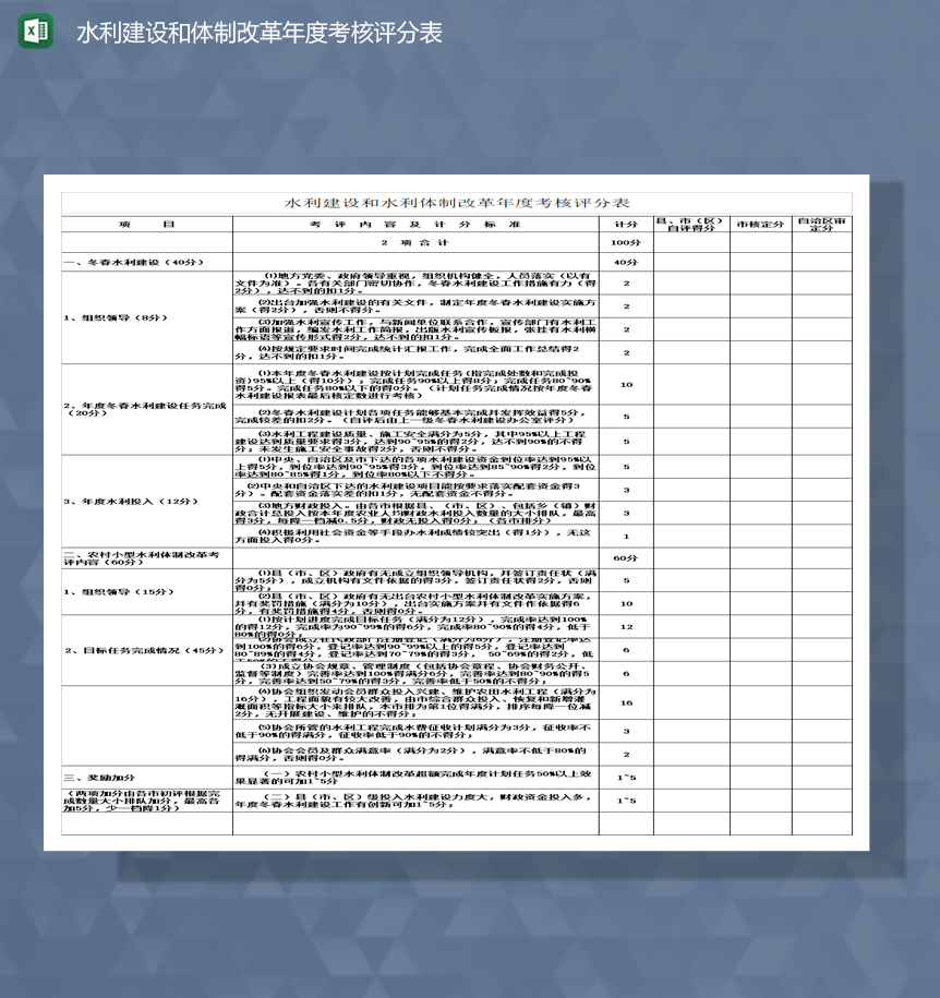 水利建设和体制改革年度考核评分表Excel模板-1