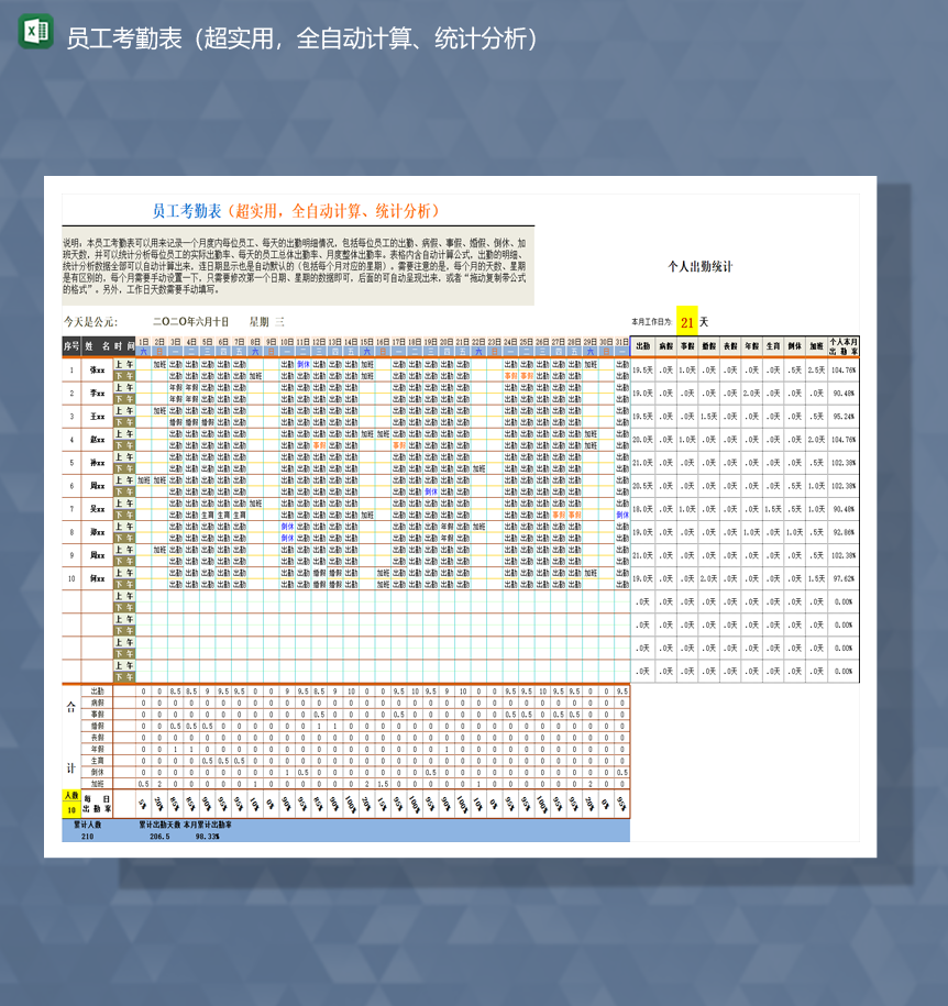 公司人事自动计算考勤记录详情报表Excel模板-1